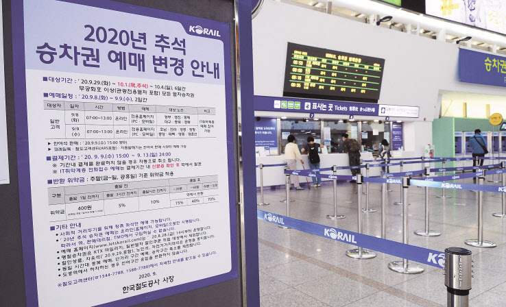 추석 연휴 열차표 예약이 시작된 8일 오전 서울 중구 서울역 매표 창구가 한산한 모습이다. 한국철도공사(코레일)는 올해 추석 승차권 예매를 PC나 모바일을 통한 100% 온라인으로 진행한다고 밝혔다. 박해묵 기자