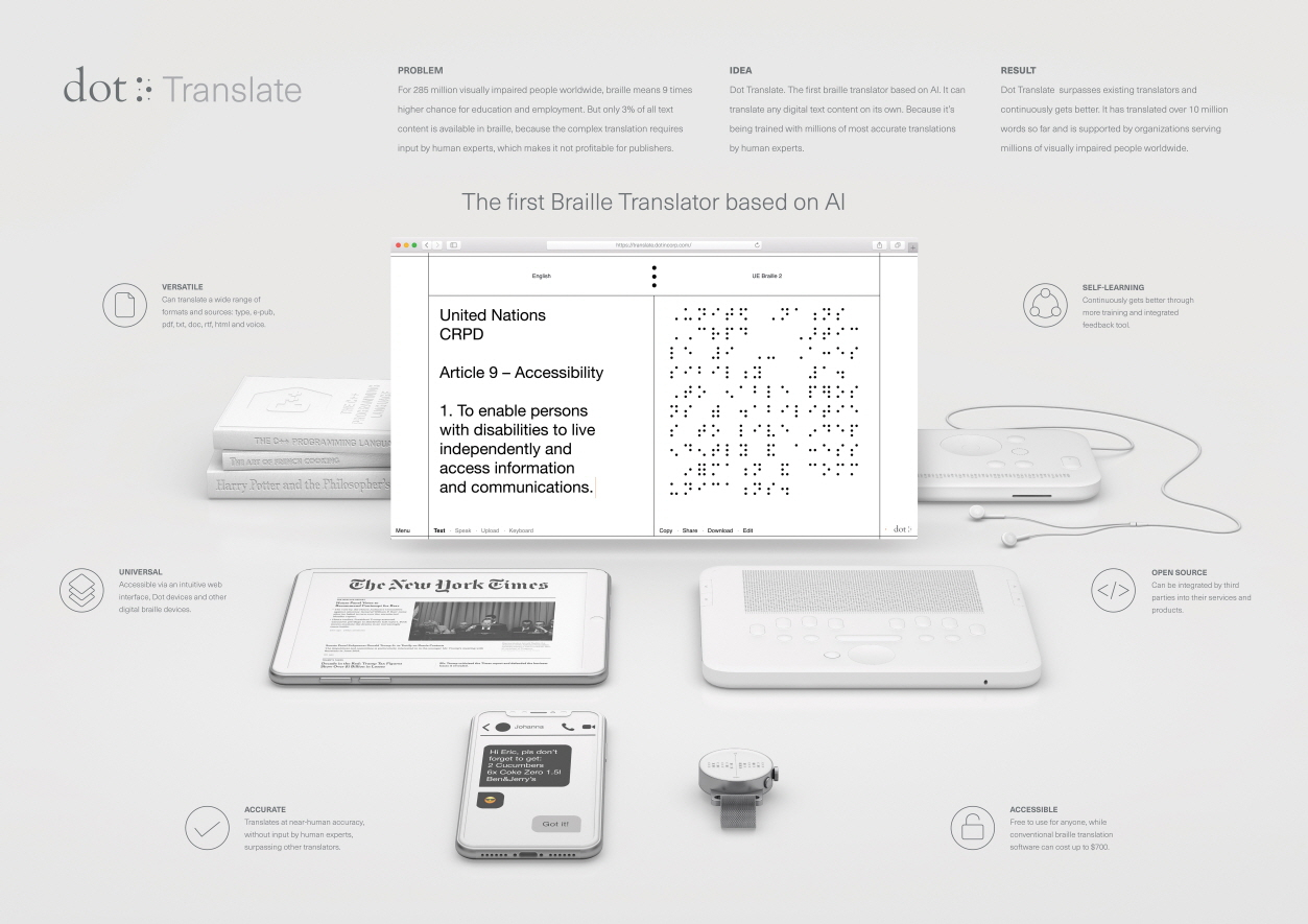 공익광고 부문 ‘올해의 그랑프리’ AI 기반 최초의 점자 번역기, 닷 트랜스레이트(Dot Translate. The First Braille Translator Based on AI.)