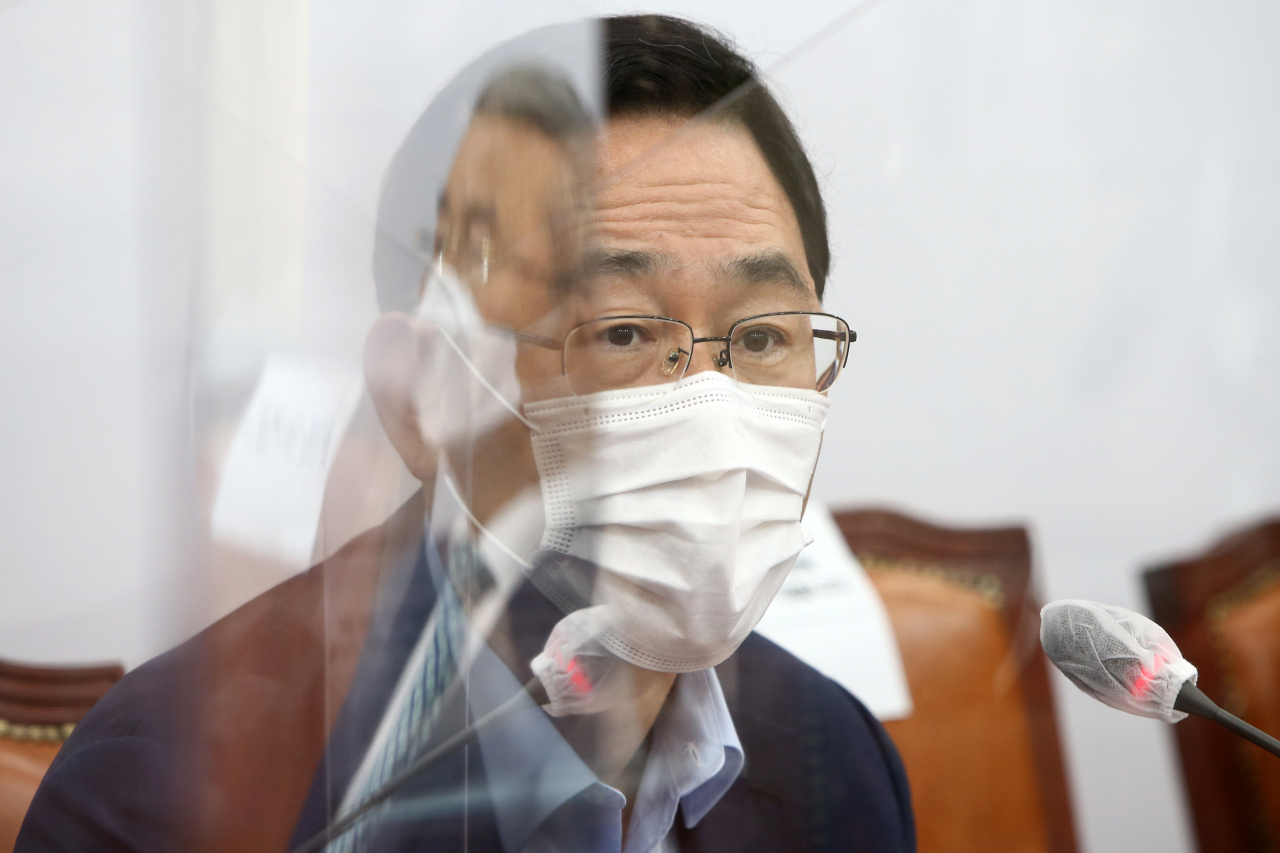 주호영 국민의힘 원내대표가 9일 국회에서 열린 비상대책위원장-중진의원 회의에서 발언하고 있다. [연합]