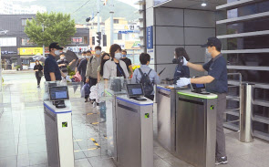 현대자동차 울산공장 보안요원이 열화상 카메라와 체온계로 출근하는 직원들의 열을 체크하고 있다. [현대차 제공]