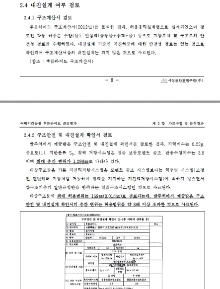 시설물안전연구원이 제출한 내진설계가 되지 않은것으로 판단된다는 문서.