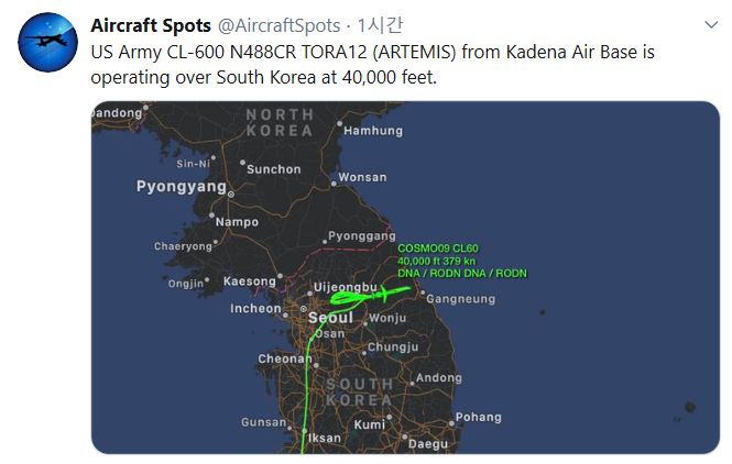 CL-600이 9일 한반도 상공을 비행한 궤적.[사진=에어크래프트스팟 트위터 계정 캡처]