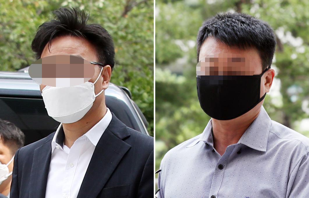 지난 4·15 총선 때 윤상현 무소속 의원이 출마한 지역구 선거에 불법으로 개입한 혐의를 받는 윤 의원의 보좌관 A씨와 ‘함바(건설현장 간이식당) 브로커’ 유상봉씨의 아들(오른쪽)이 지난 9일 오후 구속 전 피의자 심문(영장실질심사)를 받기 위해 인천지법으로 들어서고 있다. [연합]