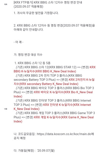 지난달 말 코스콤 데이터를 통해 공지된 내용. 지난달 미래에셋자산운용이 개발한 지수명칭이 일괄적으로 ‘K-뉴딜’로 변경됐다.