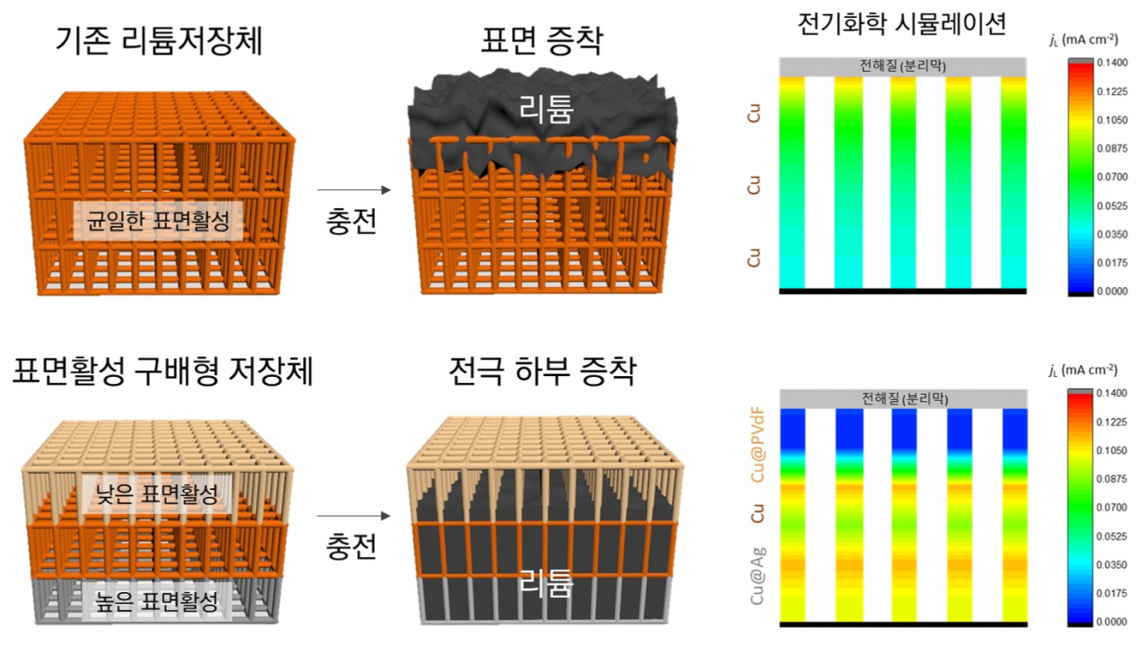 표면활성 구배형 전극에서 리튬저장 거동 및 전기화학 시뮬레이션.[DGIST 제공]