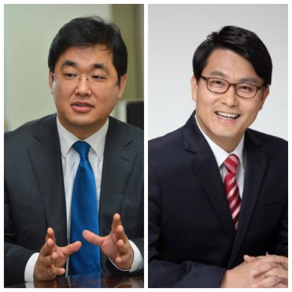 국민의힘 대변인 배준영 국회의원〈사진 왼쪽〉과 무소속 윤상현 국회의원.
