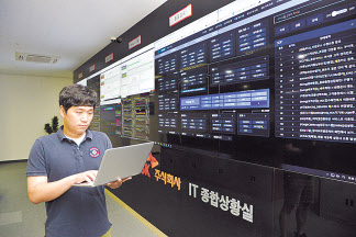 SK(주) C&C 직원이 판교 클라우드센터에서 클라우드 제트 파놉토 서비스를 모니터링하는 모습. [SK(주) C&C 제공]