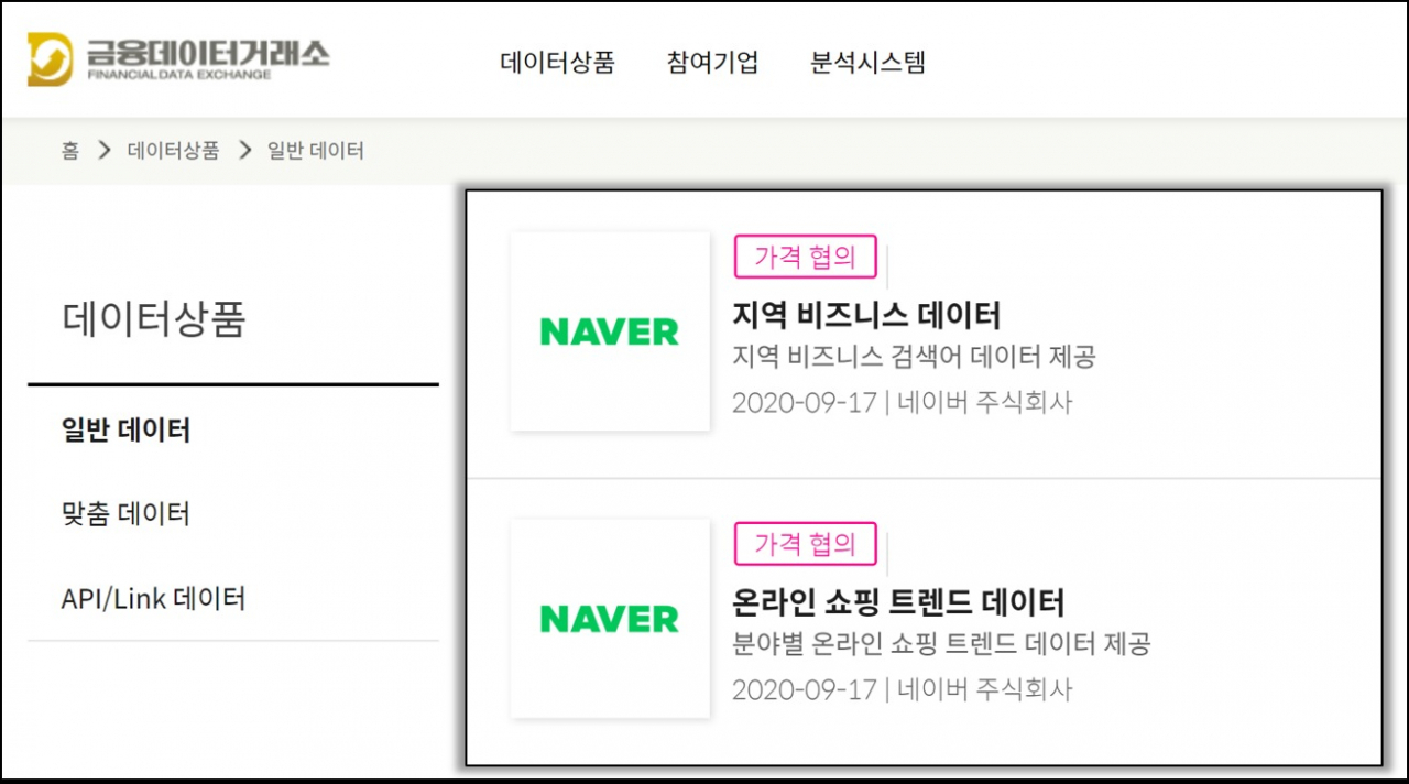 네이버가 금융데이터거래소에 등록한 데이터 [네이버 제공]