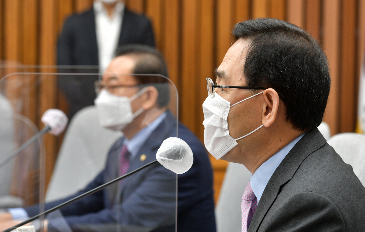 주호영 국민의힘 원내대표가 18일 오전 국회에서 열린 원내대책회의에서 발언을 하고 있다. [연합]