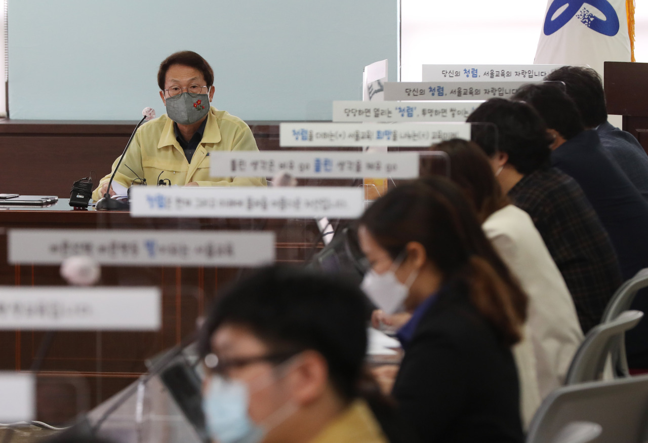 Seoul Metropolitan Office of Education Superintendent Cho Hee-yeon speaks during a press briefing Wednesday. (Yonhap)