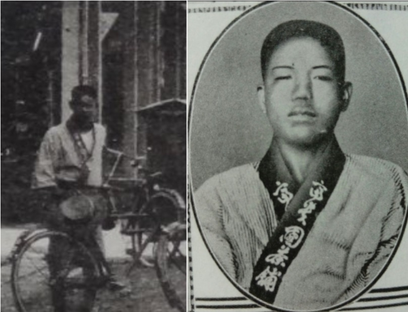 1920년대 대만 타이중 지광(繼光)거리 모습 사진 속에 우연히 등장한 조명하 의사의 모습을 확대한 사진(왼쪽)과 조 의사가 의거 직후 체포되고 나서 찍힌 사진(오른쪽). 두 사진 속에 등장하는 인물은 모두 찻집 부귀원 근무복을 입고 있다. 오른쪽 사진 속 조 의사는 체포 및 조사 과정에서 구타를 당한 듯 얼굴이 심하게 부어 있다. [대만 사료 수집가 ‘추혜문고’ 린위팡 씨·김상호 교수 제공·연합]