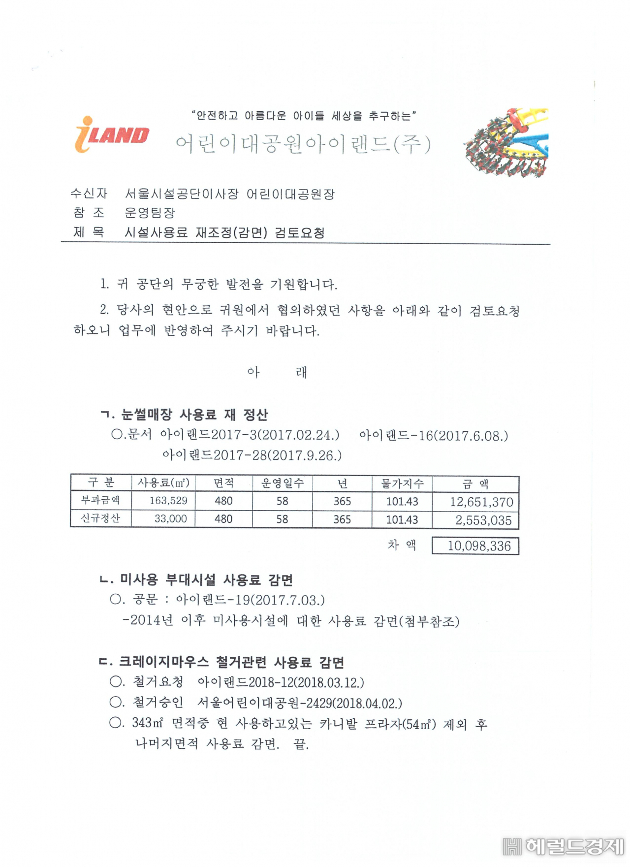 놀이동산이 지난 2017년 서울시설공단에 보낸 시설사용료 재조정 검토 요청 공문.