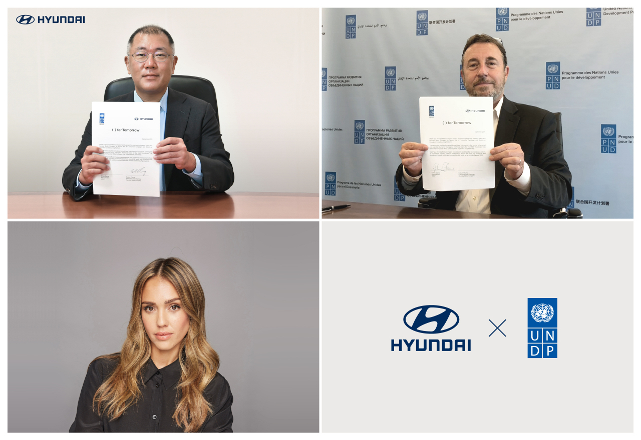 현대자동차그룹 정의선 수석부회장(왼쪽 위)과 UNDP 아킴 스타이너(Achim Steiner) 사무총장(오른쪽 위)이 온라인으로 진행된 업무 협약식에 참석해 협약을 체결했다. 왼쪽 아래는 'for Tomorrow' 프로젝트를 함께 하는 배우 제시카 알바(Jessica Alba). [현대자동차 제공]