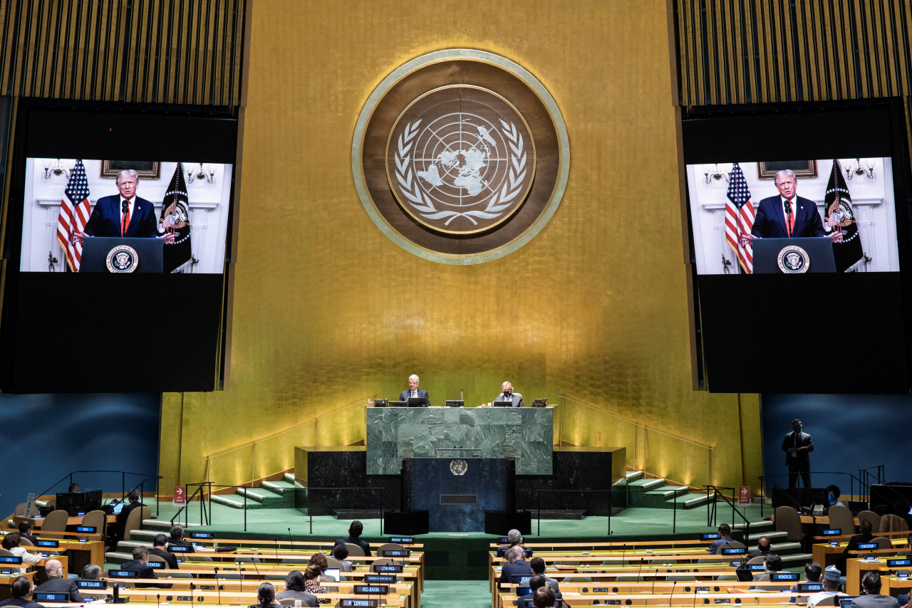 US President Donald Trump delivers a prerecorded address at the 75th General Debate of the United Nations General Assembly at United Nations Headquarters on Tuesday,in New York City. (AP-Yonhap)