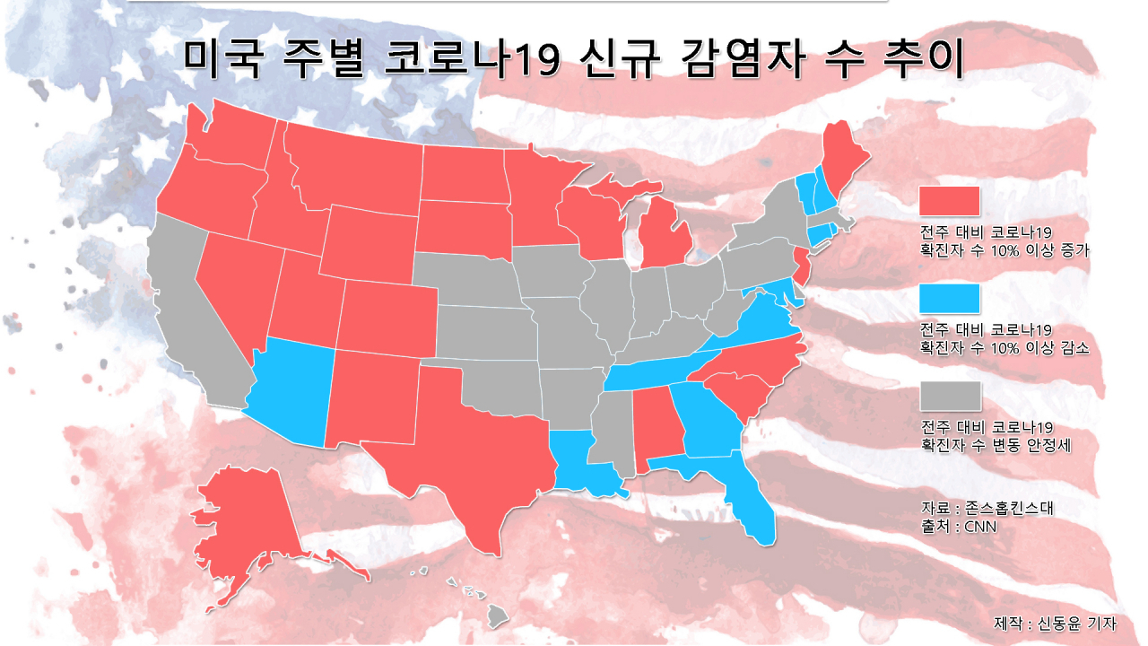 미국 주별 코로나19 신규 감염자 수 추이 [존스홉킨스대]