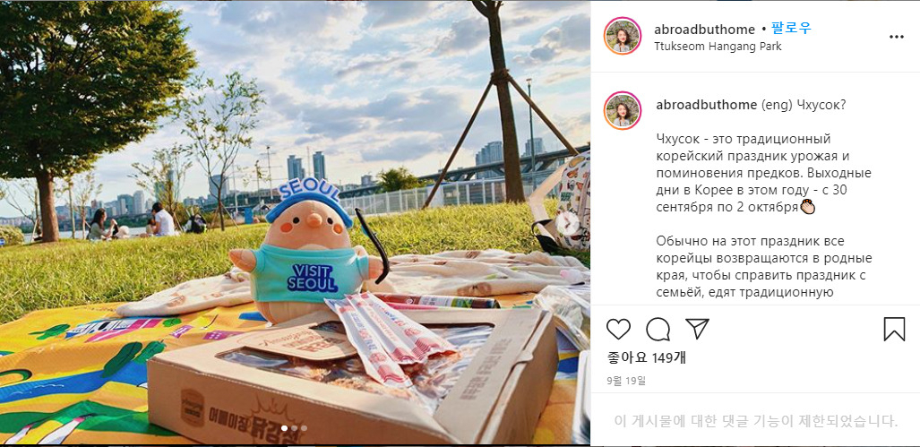 한강으로 소풍하겠다는 연휴 계획을 밝힌, 서울 사는 외국인의 SNS 글