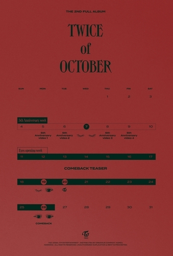 This image provided by JYP Entertainment shows a series of promotional events planned for October for TWICE's new full-length album set for release on Oct. 26, 2020. (PHOTO NOT FOR SALE) (Yonhap)