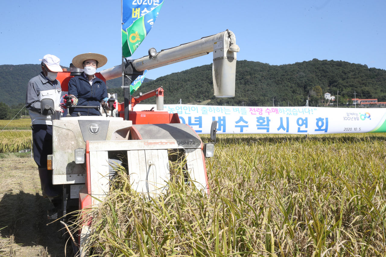 이성희(오른쪽) 농협중앙회장이 5일 전남 담양군에서 열린 '2020년 벼수확시연회'에서 콤바인으로 벼 수확을 하고 있다.[농협 제공]