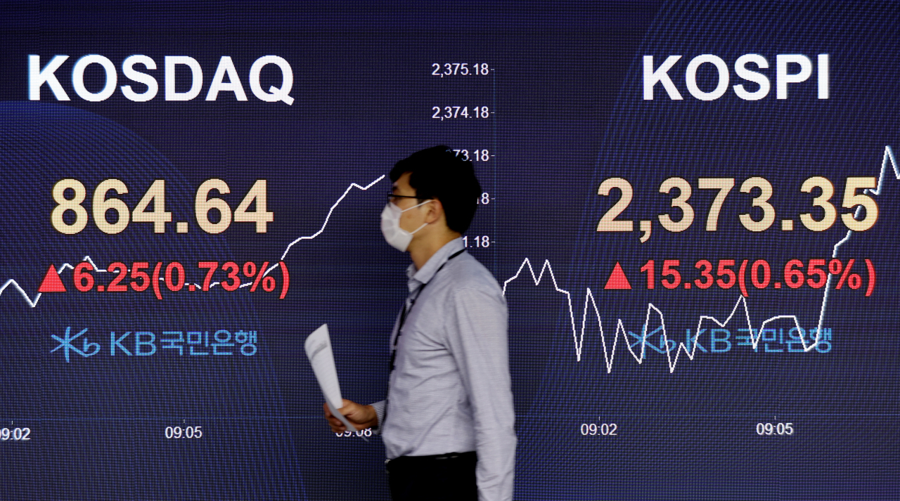코스피가 상승 출발한 6일 오전 서울 여의도 KB국민은행 딜링룸 전광판에 코스피, 코스닥지수가 표시돼있다. [연합]
