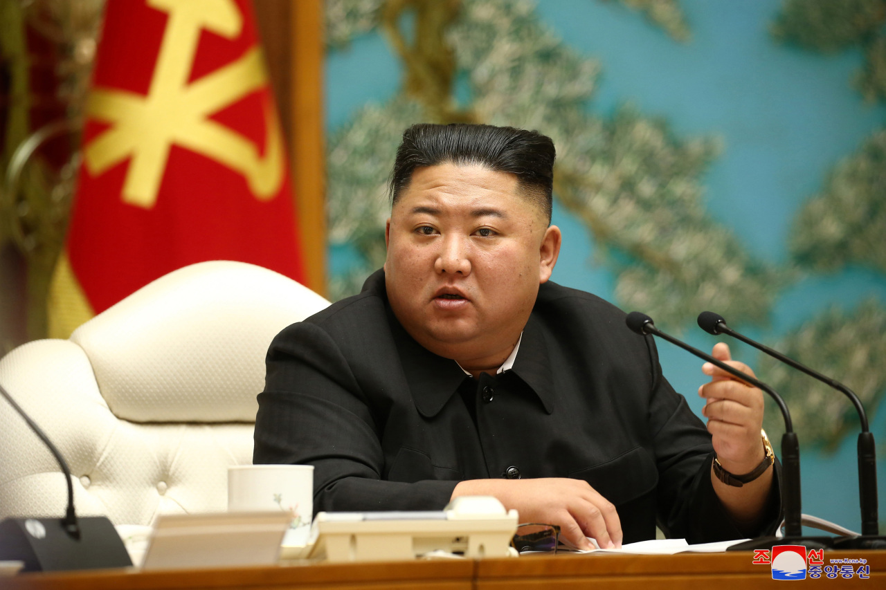 North Korean leader Kim Jong-un presides over a politburo meeting on Monday, the KCNA reported on Tuesday. (KCNA-Yonhap)