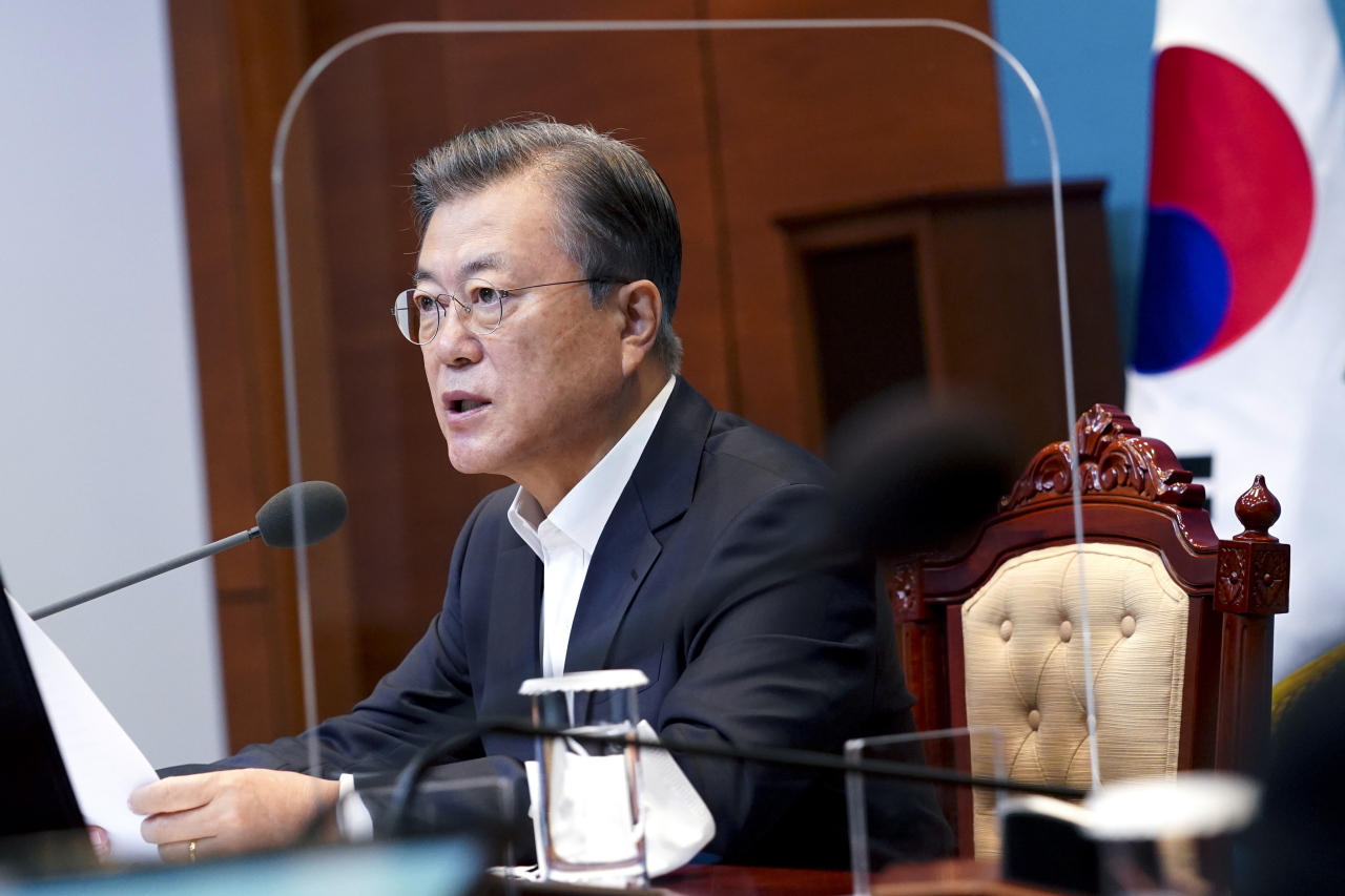 President Moon Jae-in speaks at the Cabinet meeting on Tuesday. Yonhap