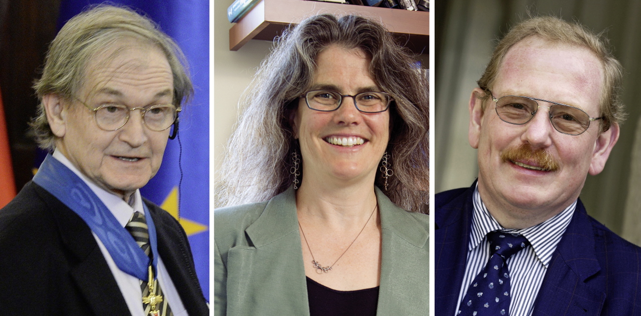 A composite photo shows British mathematical physicist Roger Penrose, US astronomer Andrea Ghez and German astrophysicist Reinhard Genzel, who have been jointly awarded the 2020 Nobel Prize in Physics, issued Oct. 6 2020. (EPA-Yonhap)