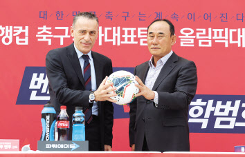 A팀 벤투 감독과 올림픽팀 김학범 감독이 축구공을 맞잡고 선전을 다짐하고 있다. [연합]