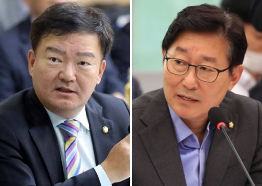 민경욱 전 미래통합당(현 국민의힘) 의원(왼쪽)과 박범계 더불어민주당 의원. [연합]