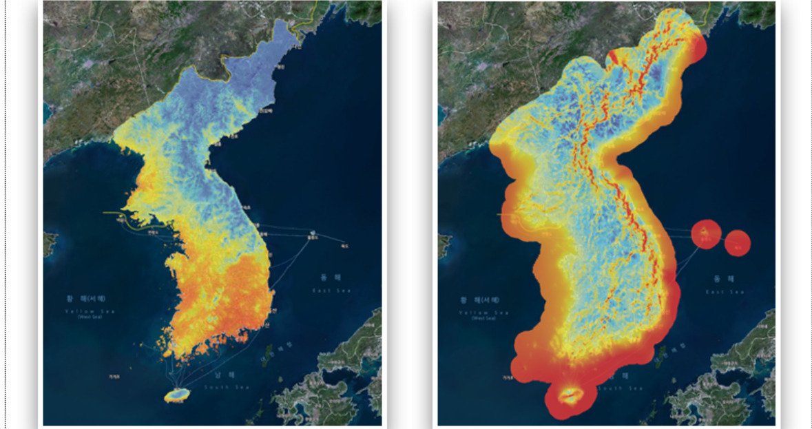 태양(왼쪽) 및 풍력에너지 자원지도.[한국에너지기술연구원 제공]