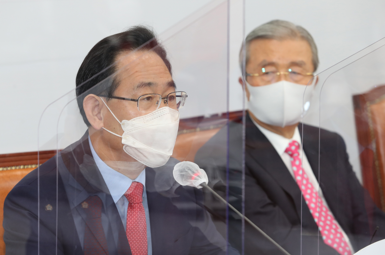 국민의힘 주호영 원내대표가 지난 8일 오전 국회에서 열린 비상대책위원회에서 발언하고 있다. [연합]