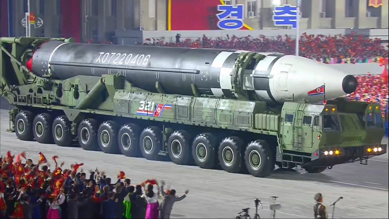 North Korea’s new intercontinental ballistic missile was displayed during a military parade held in
Pyongyang on Saturday to mark the 75th anniversary of the founding of its ruling Workers’ Party. (KCNA-Yonhap)