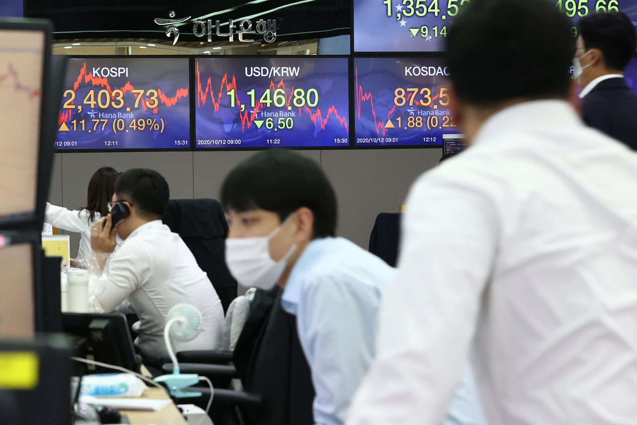12일 오후 중구 하나은행 본점 딜링룸 전광판에 증시 종가가 표시돼 있다. 이날 코스피는 전장보다 11.77포인트 오른 2403.73에 장을 마쳤다. 코스닥은 1.88포인트(0.22%) 오른 873.50에 거래를 끝냈다. 원/달러 환율은 전일 종가보다 6.5원 내린 달러당 1146.8원에 마감했다. 연합뉴스