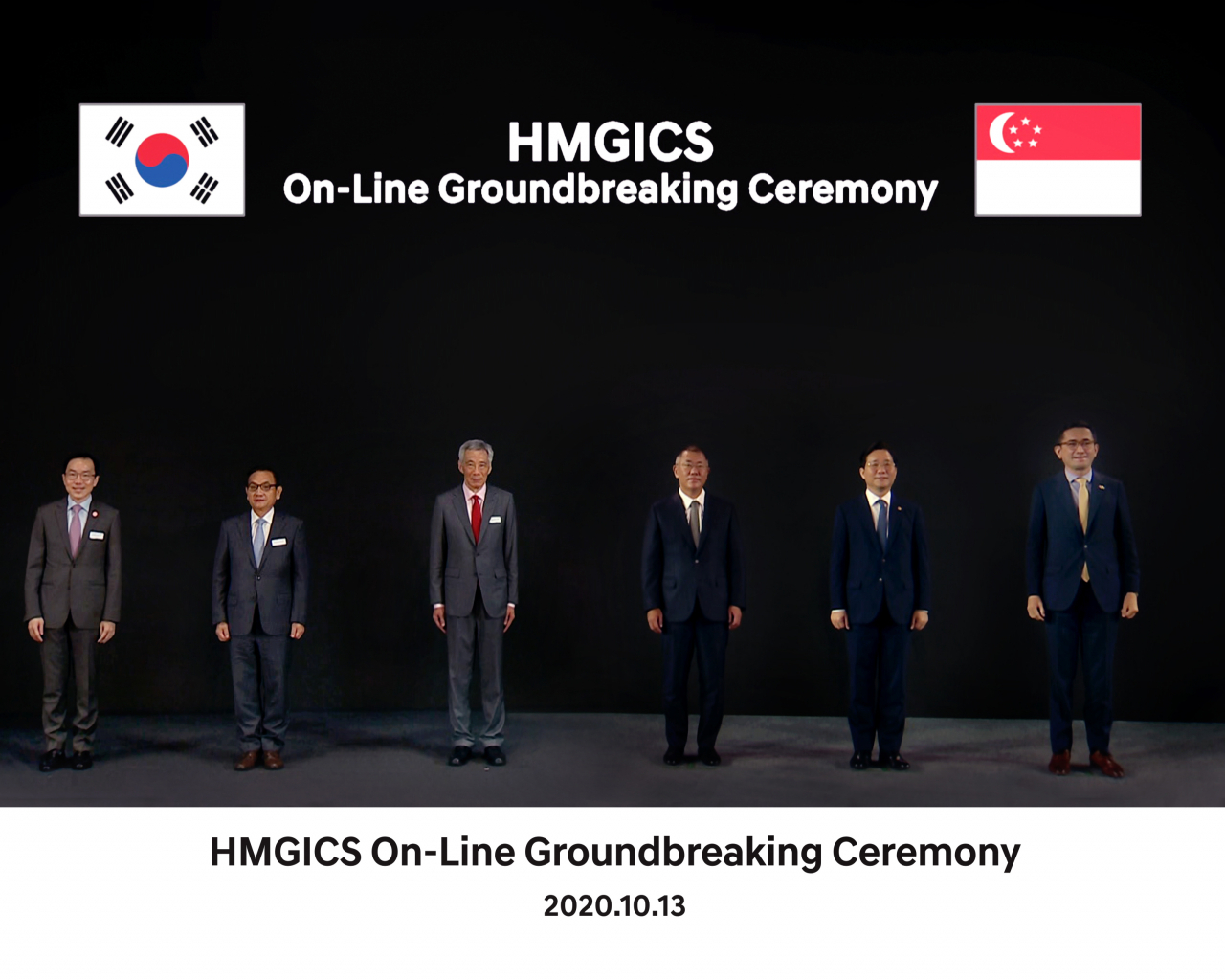 현대차그룹은 13일(화) 현대·기아자동차 남양연구소와 싱가포르 서부 주롱(Jurong) 지역의 주롱 타운홀에서 HMGICS 기공식을 개최했다고 밝혔다. (왼쪽부터) 베 스완 진 싱가포르 경제개발청(EDB)장, 안영집 주싱가포르 한국대사, 리센룽 싱가포르 총리, 정의선 현대차그룹 수석부회장, 성윤모 산업통상자원부 장관, 에릭 테오 주한 싱가포르대사