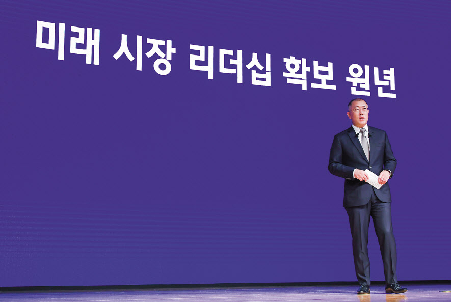 현대자동차 회장으로 선임된 정의선 수석부회장이 지난 1월 2일 서울 양재동 본사에서 임직원들이 참석한 가운데 2020년 신년회에서 “현대차그룹은 2020년을 미래 시장에 대한 리더십 확보의 원년으로 삼고자 한다”고 밝히며, 올해부터는 미래 분야에서 가시적 성과를 창출하겠다는 의지를 표명했다. [현대자동차 제공]