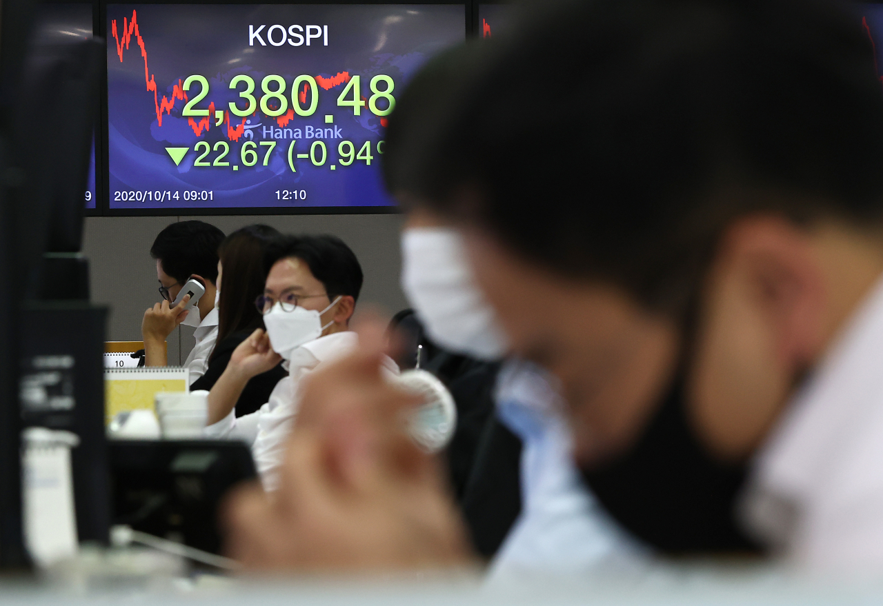 14일 오후 중구 하나은행 본점 딜링룸 전광판에 코스피 종가가 표시돼 있다. 이날 코스피는 전날보다 22.67포인트 내린 2,380.48에 장을 마쳤다. 코스닥은 10.44포인트(1.20%) 하락한 861.48에 거래를 마쳤다. 원/달러 환율은 0.2원 내린 1,146.9원에 마감했다. 연합뉴스