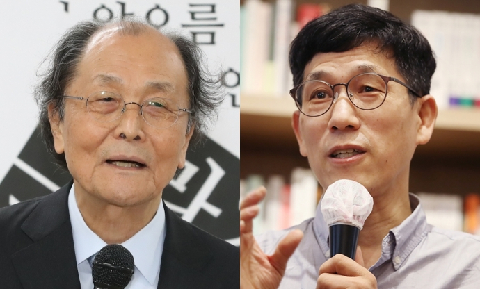 조정래 작가와 진중권 전 동양대 교수.[연합]