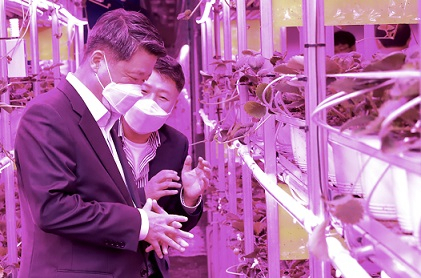 김학도 중소벤처기업진흥공단 이사장이 지난 15일 충북 옥천군의 옛 옥천터널 내에 조성된 세계 최대 인도어팜을 찾아 설명을 듣고 있다. [중진공 제공]