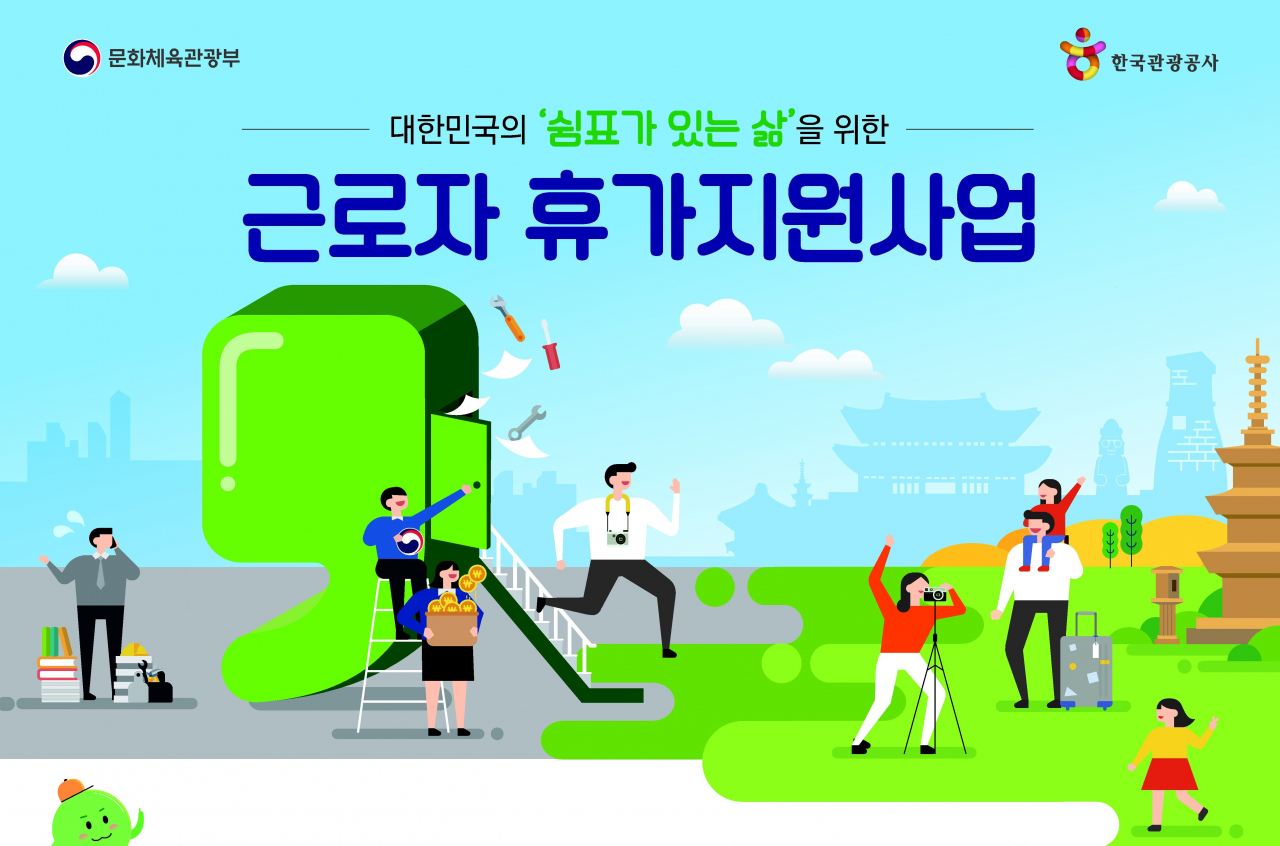 정부 10만원, 기업 10만원, 근로자 20만원으로, 근로자의 휴가여행 상품을 마련해주는 근로자휴가지원제도 포스터