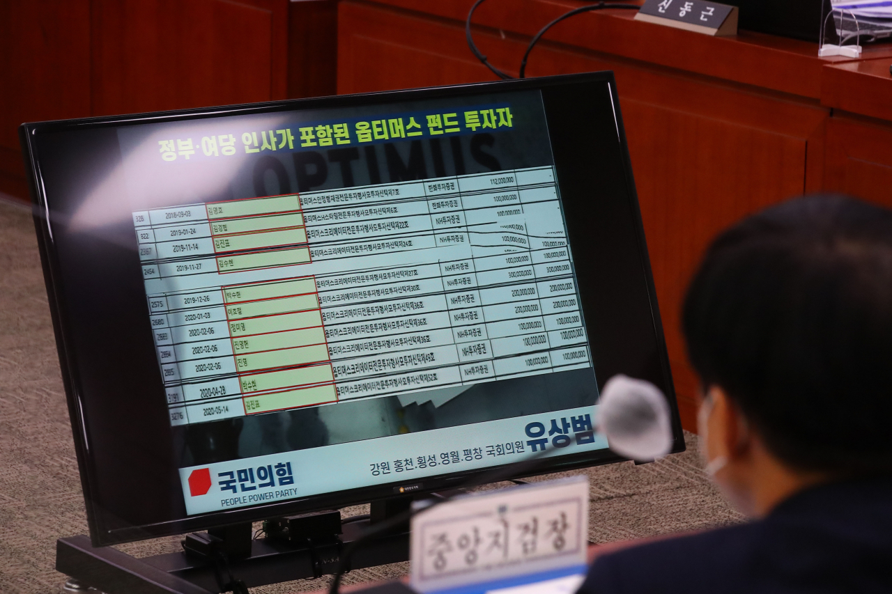 유상범 국민의힘 의원이 지난 19일 국회 법제사법위원회에서 열린 서울고검·서울중앙지검 등 국정감사에서 '정부·여당 인사가 포함된 옵티머스 펀드 투자자' 라며 명단을 공개하고 있다. 명단 당사자들은 단순한 동명이인이라고 유감을 표시하거나 금융기관의 권유로 단순투자했다고 해명했다. [연합]