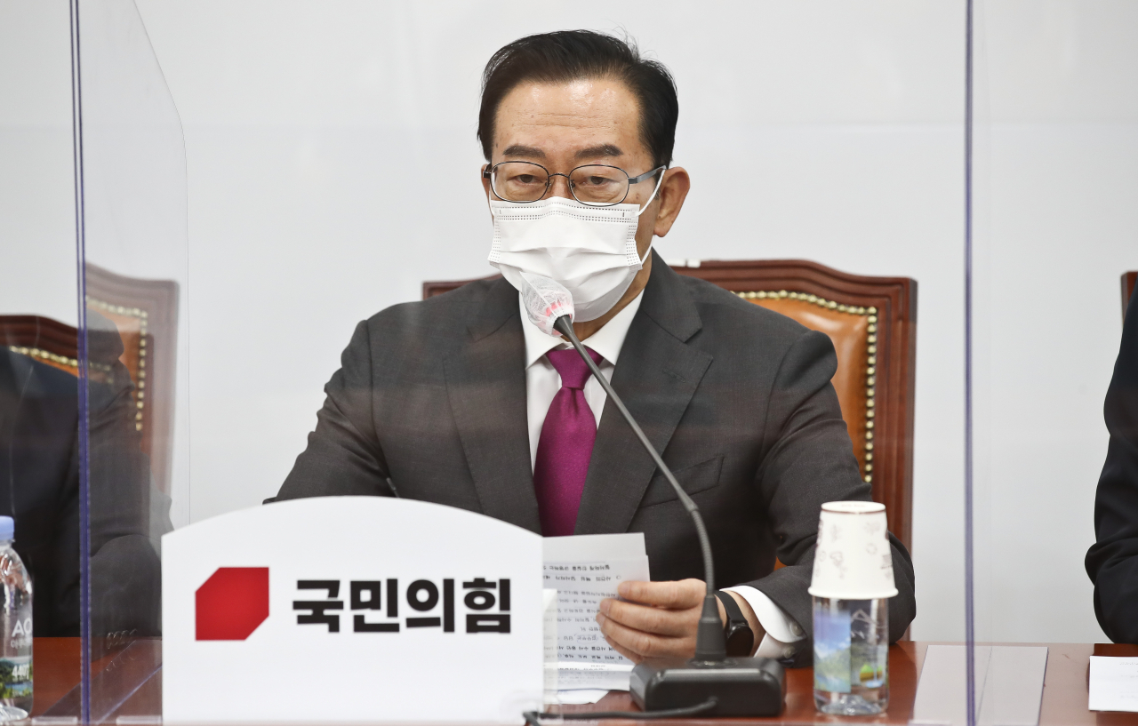 이종배 국민의힘 정책위의장이 19일 오전 서울 여의도 국회에서 열린 비상대책위원회의에서 발언하고 있다. [연합]
