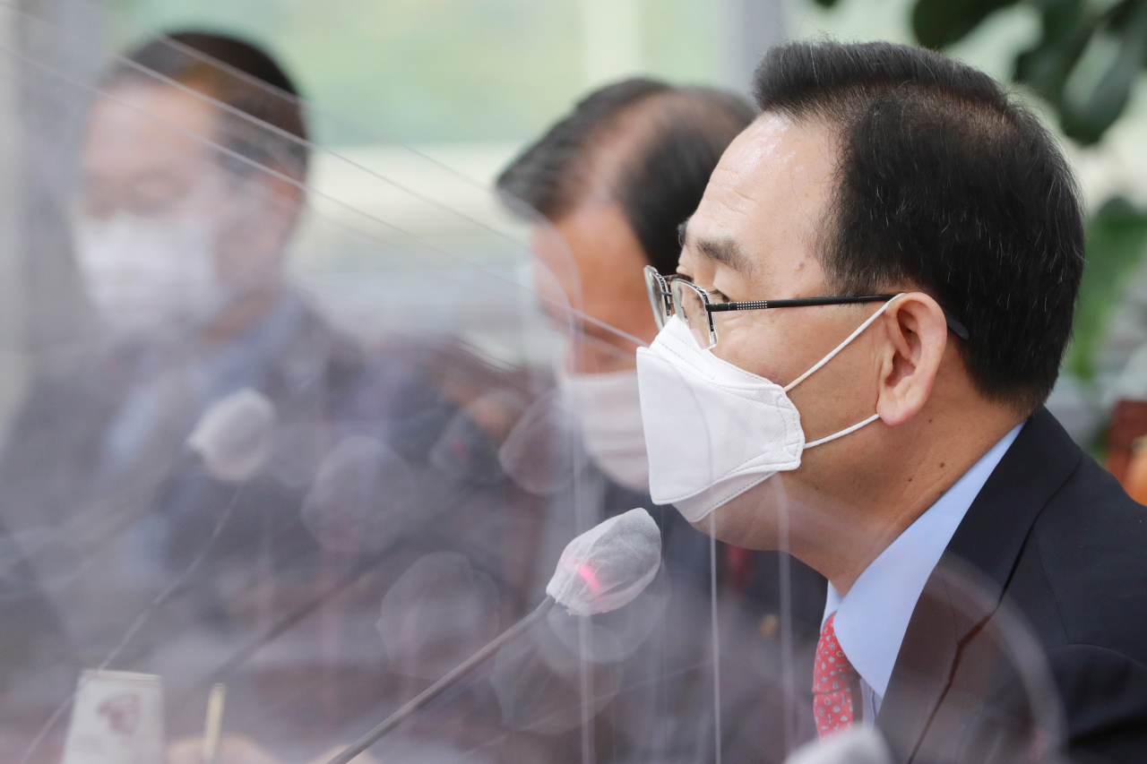 주호영 국민의힘 원내대표가21일 오전 서울 여의도 국회에서 열린 비상대책위원장-중진의원 연석회의에서 발언하고 있다. [연합]