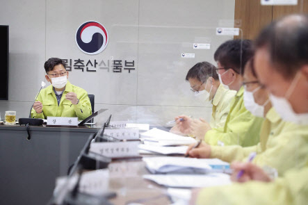 ASF 중앙사고수습본부장을 맡고 있는 김현수(왼쪽) 농림축산식품부 장관이 일년만에 국내 양돈농가에서 ASF가 발생한 지난 8일부터 매일 방역상황 점검회의를 주재하고 있다. [농림축산식품부 제공]