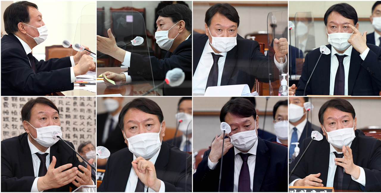 윤석열 당시 검찰총장이 지난 2020년 10월 22일 국회에서 열린 법제사법위원회 대검찰청 국정감사에서 다양한 표정으로 답변하거나 질문받고 있다. [연합]