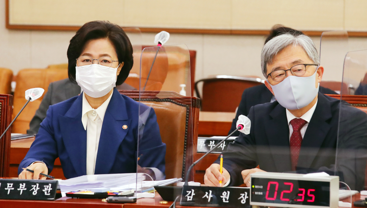 추미애 법무부 장관(왼쪽)과 최재형 감사원장이 26일 오전 국회에서 열린 법제사법위원회 종합국정감사에 참석하고 있다. [연합]