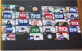 온라인 청소년의회교실에 참여한 도곡중학생들이 상정 조례안을 두고 찬반 표결을 표시하고 있다. [서울시의회 제공]