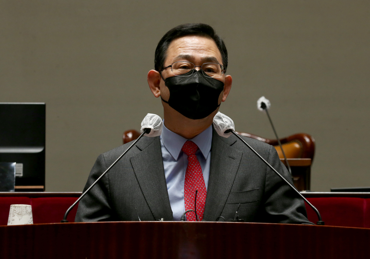 주호영 국민의힘 원내대표가 28일 국회에서 열린 의원총회에서 발언하고 있다. [연합]