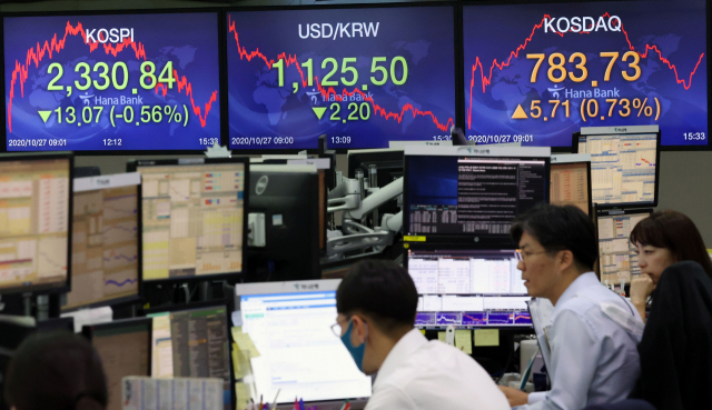 지난 27일 오후 서울 중구 하나은행 본점 딜링룸에서 직원들이 업무를 보고 있다. 연합뉴스