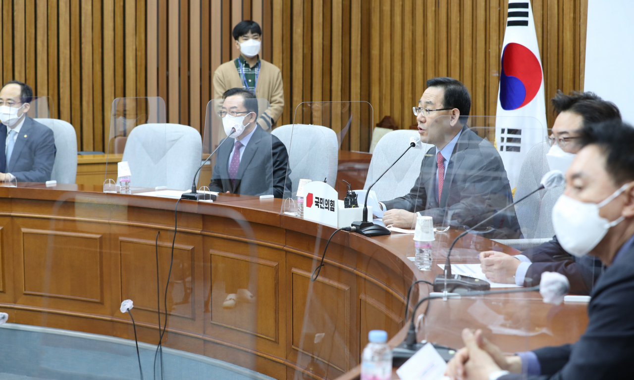 주호영 국민의힘 원내대표가 30일 서울 여의도 국회에서 열린 원내대책회의에서 발언하고 있다. [연합]