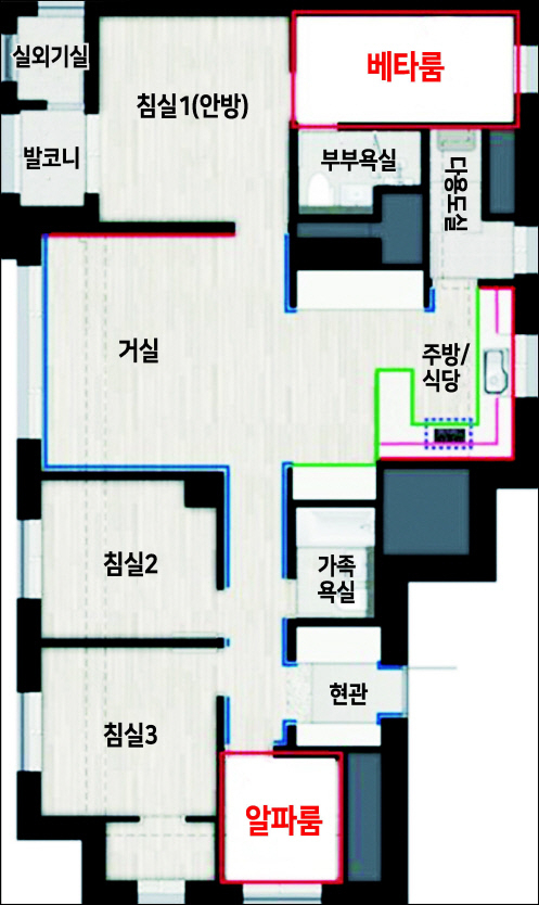 ‘별내자이더스타’ 전용 84㎡ 평면. 알파룸-베타룸을 더해 최대 5개의 방을 만들 수 있다.