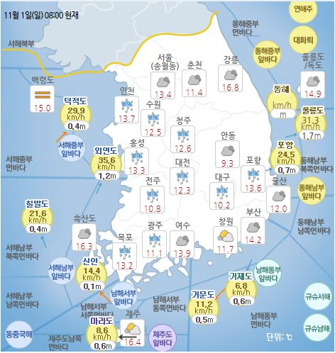1일 오전 8시 기준 전국 날씨. [기상청 제공]